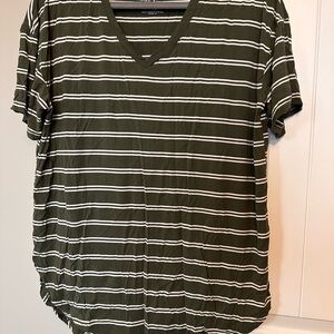 Green and White Striped V-Neck T-Shirt